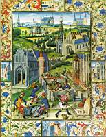 Les secrets des cathedrales, p 06, Construction d'une eglise a Saint-Denis (Miniature du XIIIe siecle)